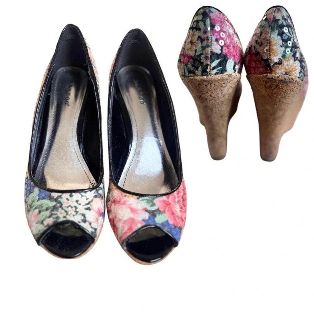 Y2K VTG. CORK PLATFORM FLORAL SEQUIN BAMBOO WEDGES‎ SIZE 9.